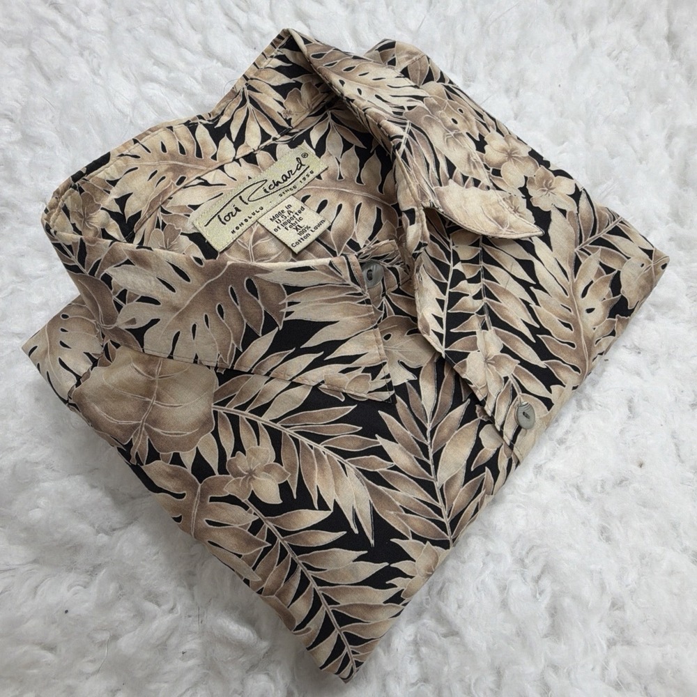 TORI RICHARD Men's Hawaiian Camp Shirt Sz XL Black & Tan Floral Print USA New!!